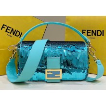 Fendi sequin and leather Iconic Baguette medium bag Turquoise Blue 2023