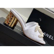 Chanel Gold Heel 5.5cm Pearl CC Logo Mules White 2023