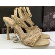 Dior Heel 9.5cm Cotton Embroidered with Square Strass Gem Sandals Beige 2023