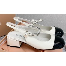 Miu Miu Heel Patent leather slingback pumps with metal chain White 2023