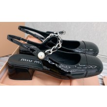 Miu Miu Heel Patent leather slingback pumps with metal chain Black 2023