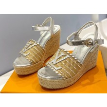 Louis Vuitton Heel 10cm Platform 6cm Raffia Starboard Wedge Espadrille Sandals Silver 2023