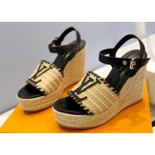 Louis Vuitton Heel 10cm Platform 6cm Raffia Starboard Wedge Espadrille Sandals Black 2023