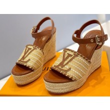 Louis Vuitton Heel 10cm Platform 6cm Raffia Starboard Wedge Espadrille Sandals Brown 2023