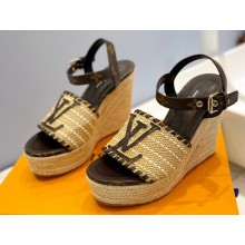 Louis Vuitton Heel 10cm Platform 6cm Raffia Starboard Wedge Espadrille Sandals Coffee 2023