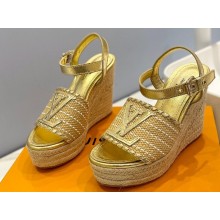Louis Vuitton Heel 10cm Platform 6cm Raffia Starboard Wedge Espadrille Sandals Gold 2023