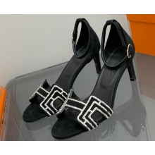 Hermes Heel 7.5cm sandals in suede goatskin Black with rhinestone 2023