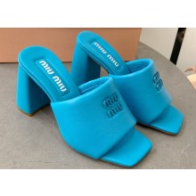 Miu Miu Heel 8.5cm Metal lettering logo Leather sandals Blue 2023