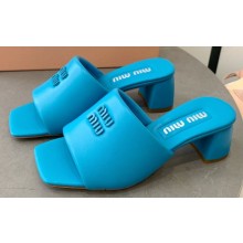 Miu Miu Heel 4.5cm Metal lettering logo Leather sandals Blue 2023