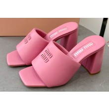 Miu Miu Heel 8.5cm Metal lettering logo Leather sandals Pink 2023