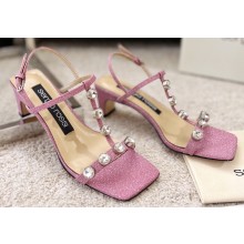 Sergio Rossi Heel 5cm Glitter T-strap Sandals Pink with Crystals 2023
