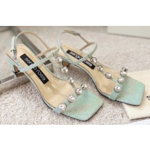 Sergio Rossi Heel 5cm Glitter T-strap Sandals Green with Crystals 2023