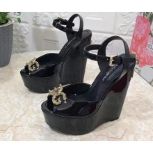 Dolce & Gabbana Heel 15cm Platform 4cm DG Logo Patent leather wedges sandals Black 2023