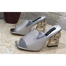 Dolce & Gabbana DG Pop Heel 10.5cm Leather Mules Silver with fusible rhinestone 2023