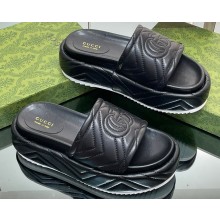 Gucci heel 5.5cm chevron leather GG Platform Slide Sandals Black 2023