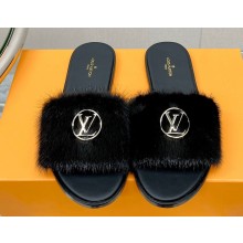 Louis Vuitton Mink Fur Lock It Flat Mules Black 2023