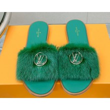 Louis Vuitton Mink Fur Lock It Flat Mules Green 2023