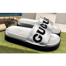 Gucci script Leather Slide Sandals Silver/Black 2023