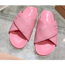 Miu Miu Leather slides Pink with metal lettering logo 2023