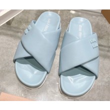 Miu Miu Leather slides Blue with metal lettering logo 2023
