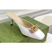 Gucci Heel 6cm Leather Interlocking G with python bow mules 738685 White 2023