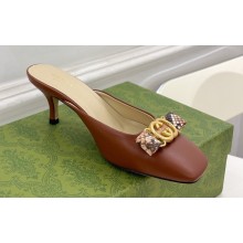 Gucci Heel 6cm Leather Interlocking G with python bow mules 738685 Brown 2023