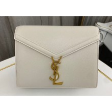 Saint Laurent cassandra medium chain bag in grain de poudre embossed leather 532750 White