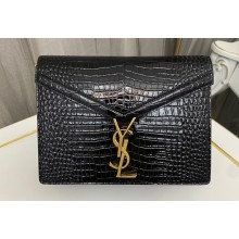 Saint Laurent cassandra medium chain bag in crocodile-embossed shiny leather 532750 Black