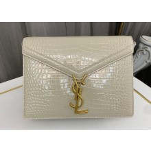 Saint Laurent cassandra medium chain bag in crocodile-embossed shiny leather 532750 White