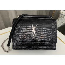 Saint Laurent sunset chain wallet in crocodile-embossed shiny leather 533026 Black/Silver