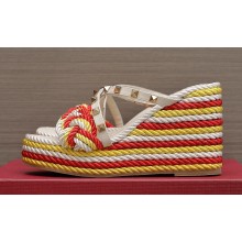 Valentino Heel 9.5cm Platform 3.5cm Rockstud wedge sandals in calfskin leather White/Red/Yellow with silk cords 2023