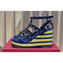 Valentino Heel 9.5cm Platform 3.5cm Rockstud ankle strap wedge sandals in calfskin Blue/Multicolor 2023