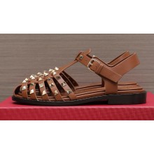 Valentino Rockstud Calfskin Round Toe Sandals Brown 2023