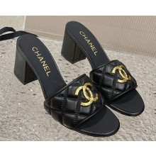 Chanel Heel 7cm Gold CC Logo Lambskin Quilting Mules G45014 Black 2023
