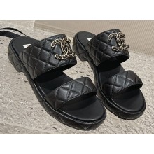 Chanel Heel 3cm Gold CC Logo Lambskin Quilting Mules Sandals Black 2023