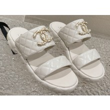 Chanel Heel 3cm Gold CC Logo Lambskin Quilting Mules Sandals White 2023