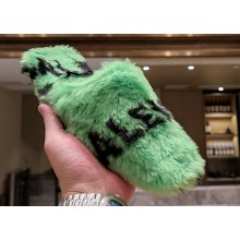 Balenciaga Teddy Mules Green in fake fur and black contrasted Allover Logo 2023