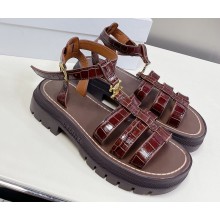 Celine CLEA TRIOMPHE GLADIATOR CHUNKY SANDALs in Calfskin CROCODILE Burgundy 2023