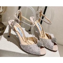 Jimmy Choo Heel 8.5cm Nude Suede Sacora Sandals with Hotfix Crystals and Sphere Detail 2023