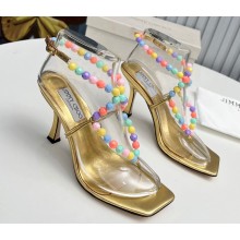 Jimmy Choo Heel 8.5cm Amiral Sandals Gold with Beaded Raffia 2023