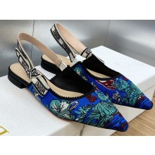 Dior J'Adior Slingback Ballerina Flats in Cobalt Blue Multicolor Embroidered Cotton with Toile de Jouy Voyage Motif 2023