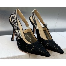 Dior Heel 9.5cm J'Adior Slingback Pumps in Black Embroidered with Camel-Colored Saint-Gall Motif 2023