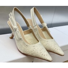 Dior Heel 6.5cm J'Adior Slingback Pumps in White Embroidered with Camel-Colored Saint-Gall Motif 2023