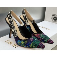 Dior Heel 9.5cm J'Adior Slingback Pumps in Purple Multicolor Embroidered Cotton with Toile de Jouy Voyage Motif 2023