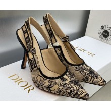 Dior Heel 9.5cm J'Adior Slingback Pumps in Beige Multicolor Embroidered Cotton with Toile de Jouy Voyage Motif 2023