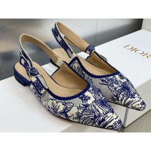 Dior J'Adior Slingback Ballerina Flats in Blue Multicolor Embroidered Cotton with Toile de Jouy Voyage Motif 2023