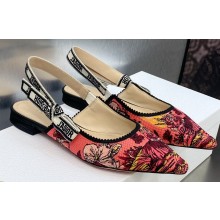 Dior J'Adior Slingback Ballerina Flats in Red Multicolor Embroidered Cotton with Toile de Jouy Voyage Motif 2023