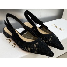 Dior J'Adior Slingback Ballerina Flats in Black Transparent Mesh Embroidered with D-Lace Macramé Motif 2023