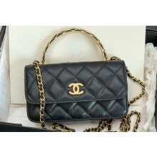 Chanel Lambskin Phone Holder with Chain Bag Black with Top Handle 2023