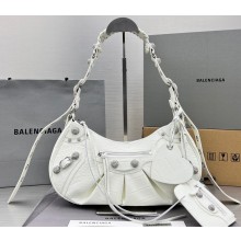 Balenciaga Le Cagole Small Shoulder Bag in crocodile embossed calfskin White with rhinestones